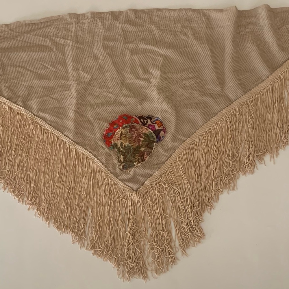 Vintage Fringe Patches Sunburst Printed Embroidered Shawl Scarf Made In France